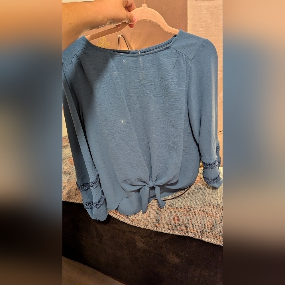 I.N. Studio petite blue/gray embroidered sleeve blouse with front tie si…